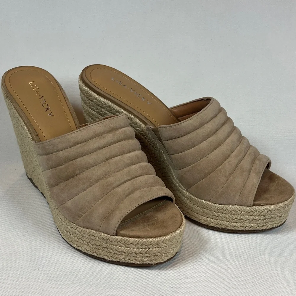 Lisa Vicky Gogo Taupe Suede Quilted Espadrille Wedge Mules Platform Sandals NIB